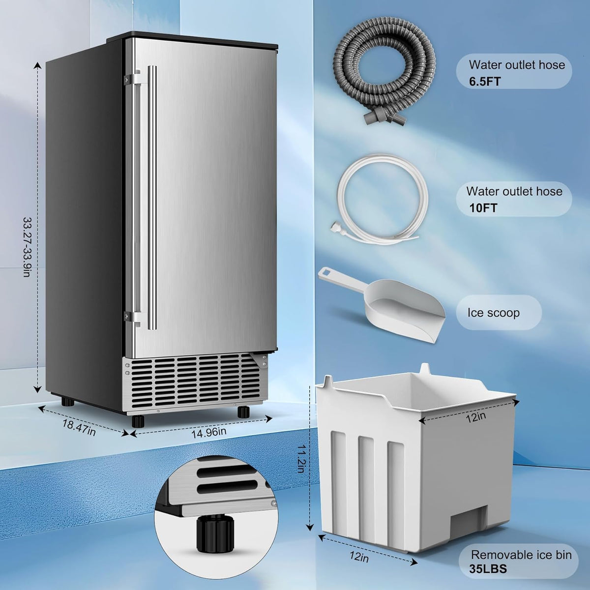Built in Ice Machine, 95Lbs/Day with 35lbs Storage Bin, 40Pcs Cubes in 10Mins, Reversible Door, Under Counter Ice Maker for Home Office Commercial, Ice Maker Machine Commercial