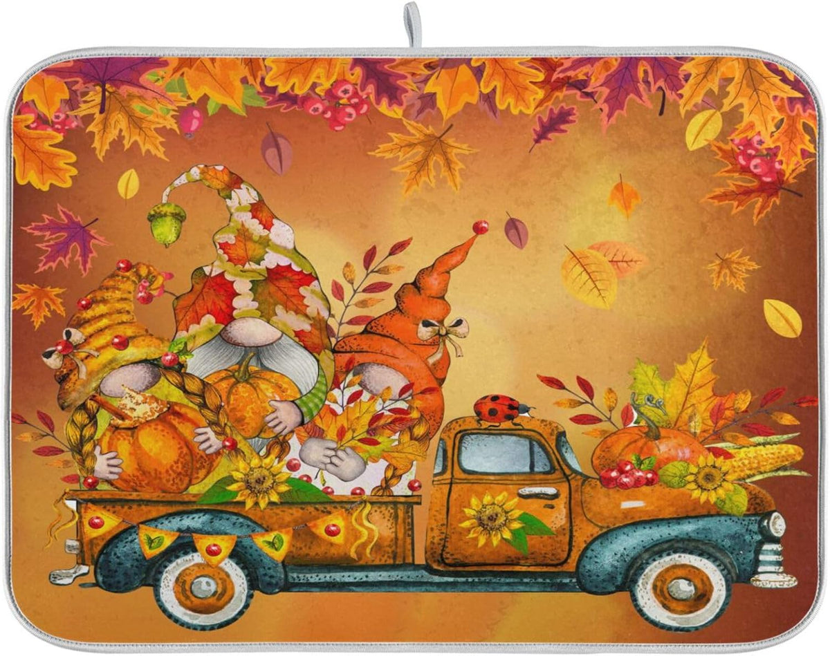 Thanksgiving Gnome Truck Autumn Dish Drying Mat for Kitchen Counter Absorbent Microfiber Drying Pad, Large 18x24 in, Maple Leaves Reversible Drainer Mats