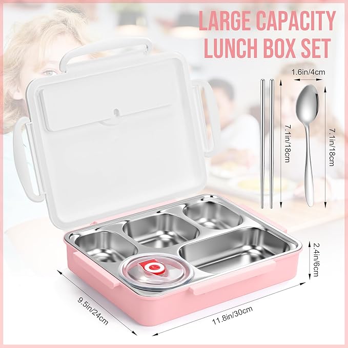2 Sets Stainless Steel Lunch Bento Box for Adult 2.0 L Leakproof 5 Compartment Metal Bento Box with Bag 8 oz Soup Bowl with Utensils for Office, Travel(Pink, Blue)
