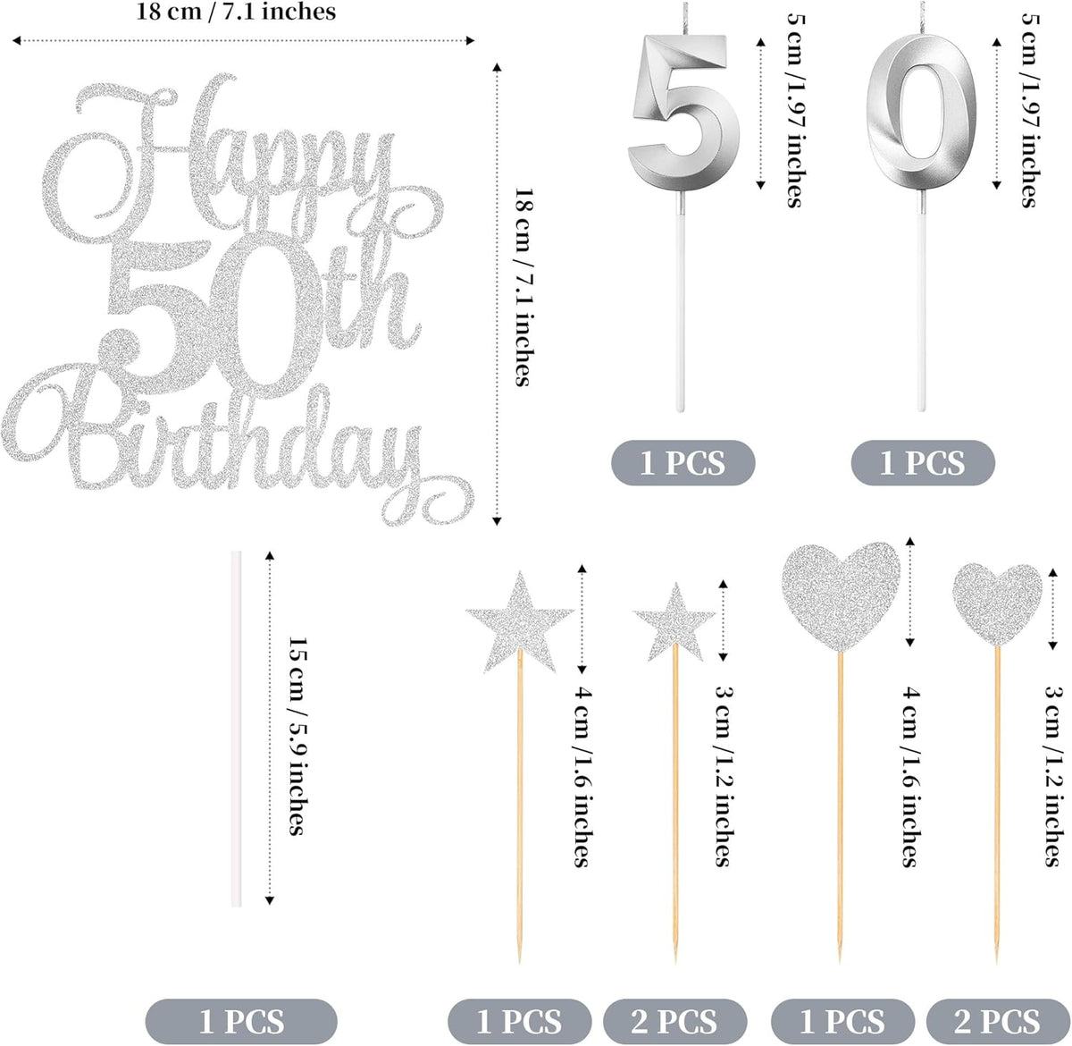 50th Birthday Cake Decorations, 50th Birthday Candles Cake Numeral Candles and Glitter Happy 50th Birthday Cake Toppers Set for Birthday Party Supplies (Silver)