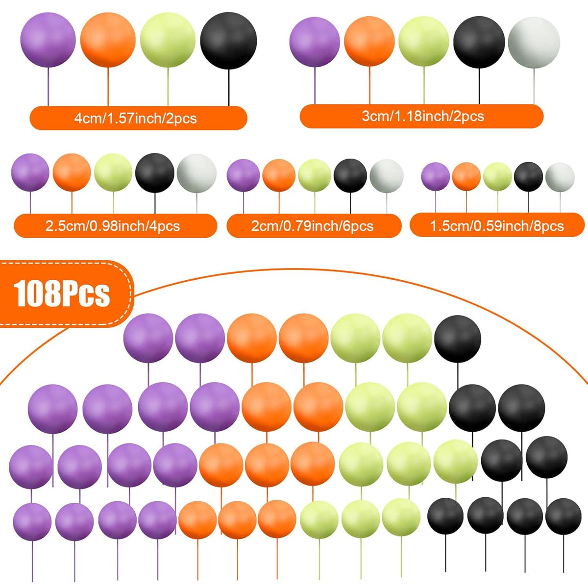 108 Pcs Balls Cake Topper DIY Cupcake Insert Foam Balloons for Cake Baking Wedding Anniversary Birthday Decoration(Purple Orange Black Green White,Multi Sizes)