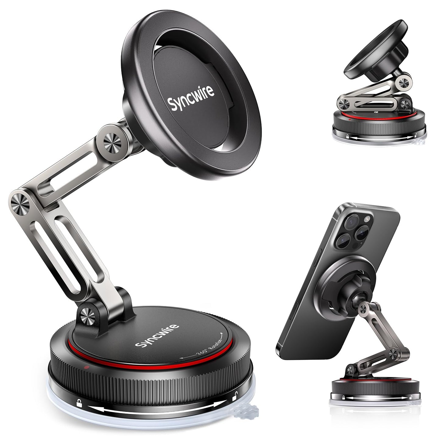 SYNCWIRE for MagSafe Car Mount [3-Axis] Nano Adhesive Gel + Strong Suction Cup Magnetic Phone Holder for Dashboard & Windshield, 360° Adjustable for iPhone 17 16 15 14 13 12, Samsung, Matte Black