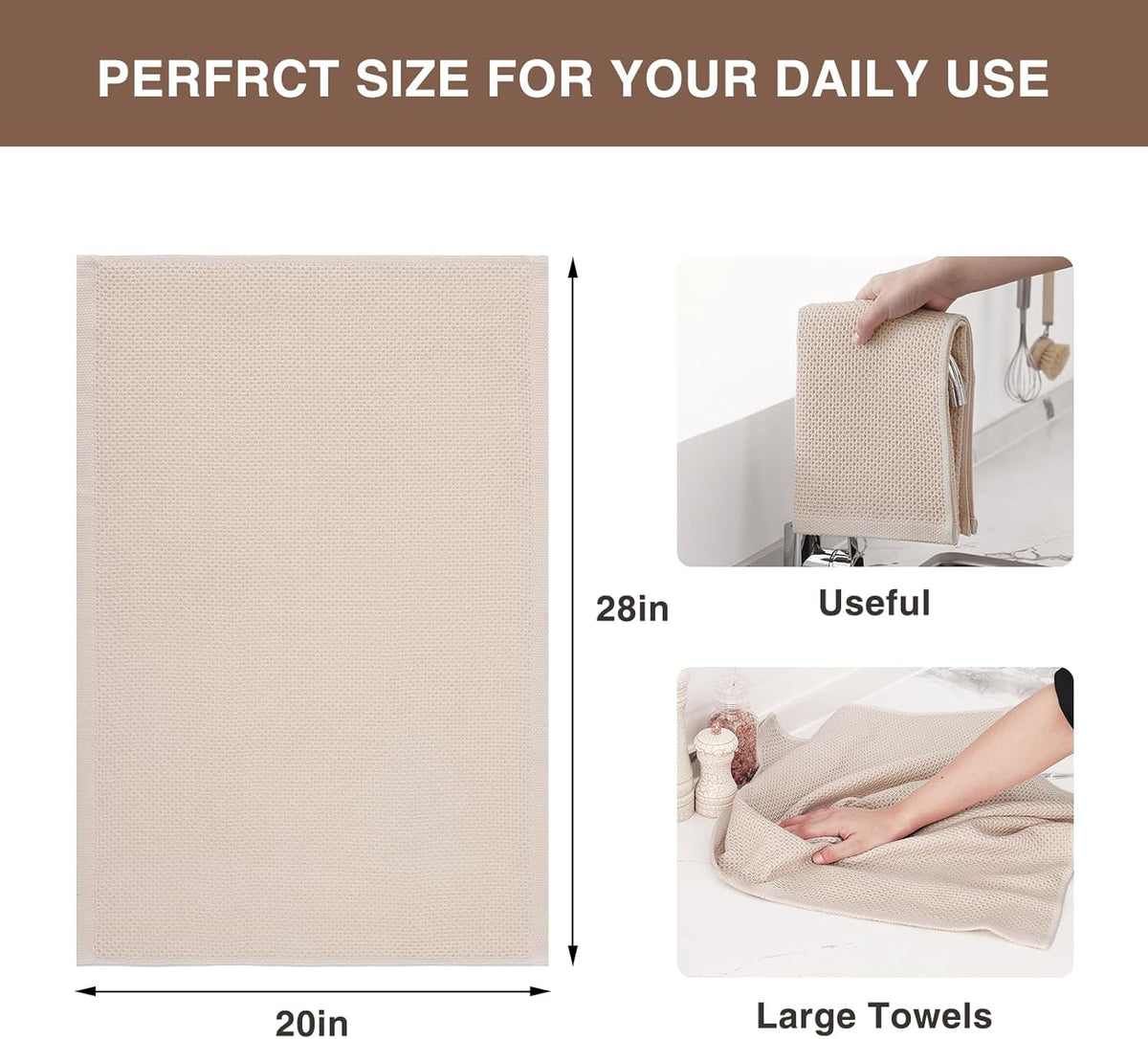 Homaxy 100% Cotton Oversized Waffle Weave Kitchen Dish Towels, Ultra Soft Absorbent Quick Drying Cleaning Towel, 20 x 28 Inches, 4-Pack, Beige