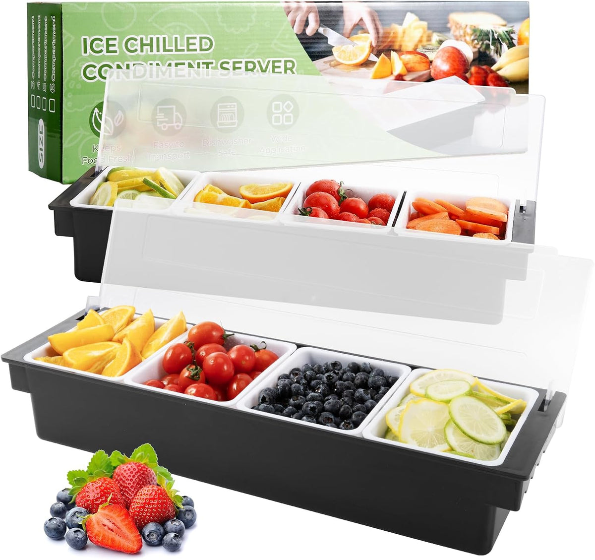 WICHEMI Fruit, Veggie & Condiment Caddy with Lid Dispenser Tray Garnish Station for Bartending & Serving Taco, Ice Cream, Salad Bar - Topping Organizer for Restaurant Supplies (4 Compartment, 2 Pack)