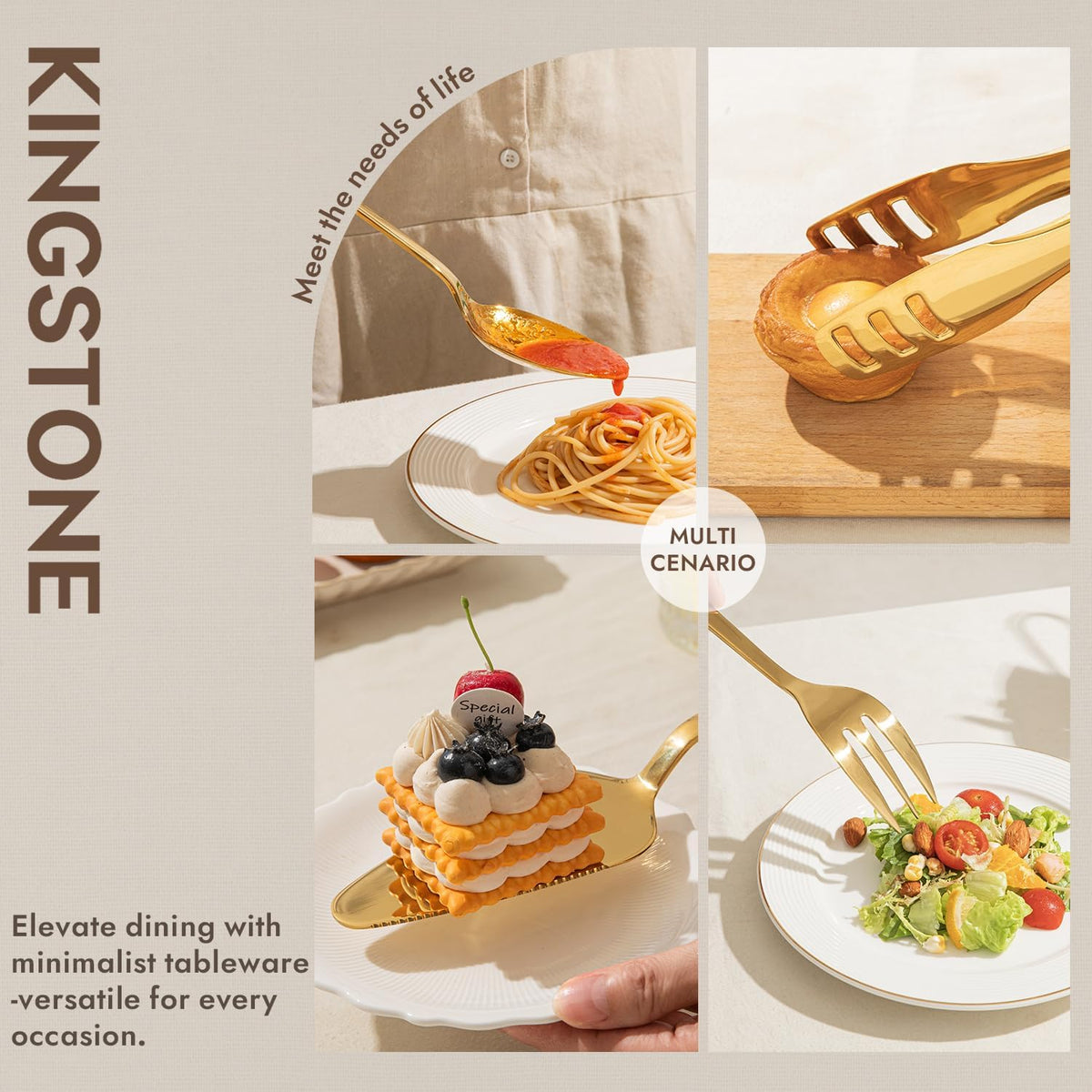 KINGSTONE Large Hostess Serving Utensils Sets,18/10 Stainless Steel Heavy Duty 10inch Serving Spoons,Slotted Spoons,Serving Fork,Serving Tongs, Cake Pie Server For Buffet, Wedding, Party, Gold