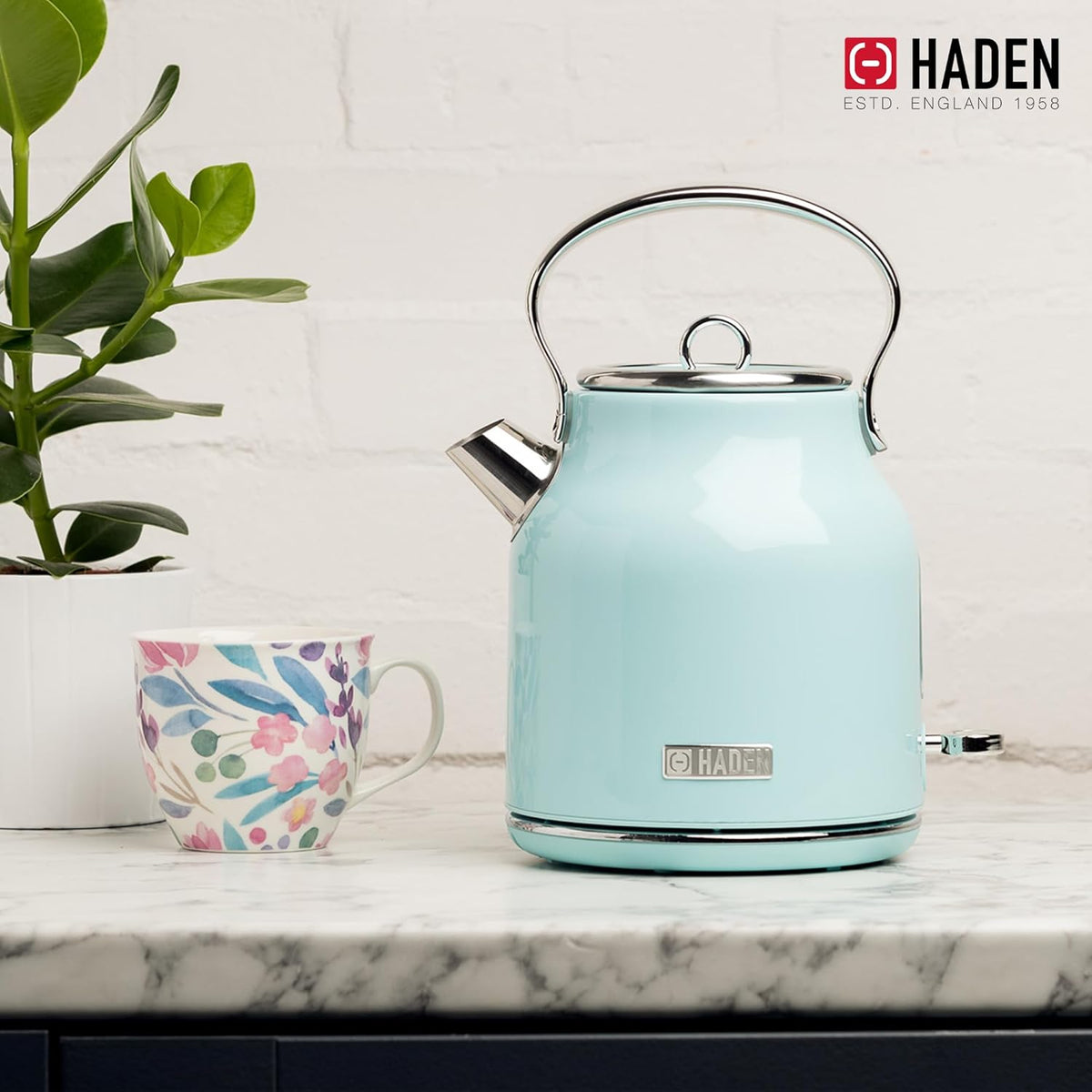 Haden Heritage 1.7 Liter Stainless Steel Electric Kettle, Hot Water Kettle with 360-Degree Base and Auto Shutoff, Turquoise & Chrome