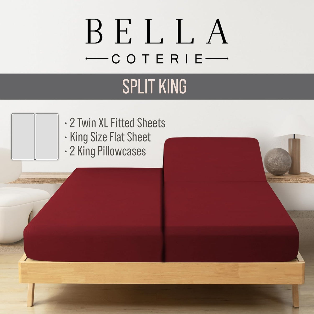 Bella Coterie Luxury Bamboo Viscose Split King Size Sheet Set | 100% Organically Grown | Ultra Soft | Cooling for Hot Sleepers | 18" Deep Pocket [Merlot]