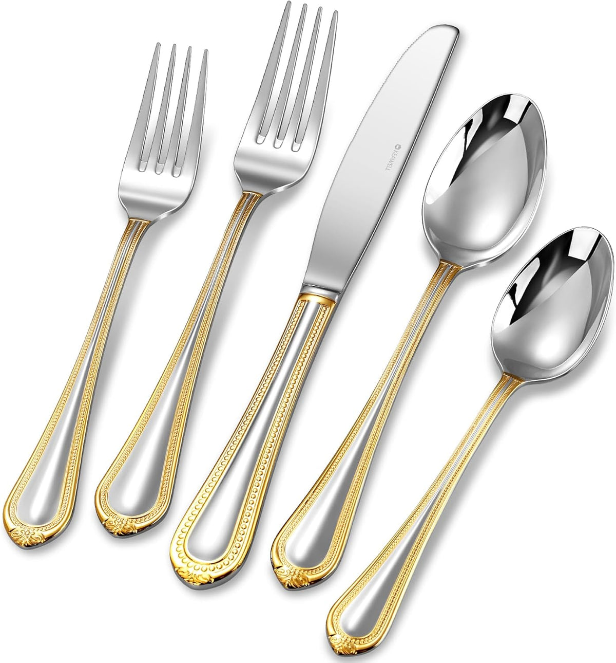 KEAWELL Pearl Edge Premium 20-Piece Refined Bead Silverware Set, 18/10 Stainless Steel, Service for 4, Fine Flatware Set, Dishwasher Safe (20, Gold Accent)