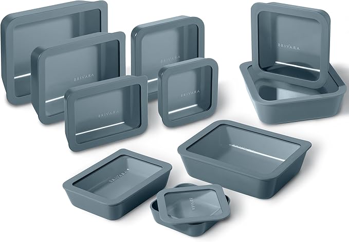 Ceramic Coated Glass Food Storage Containers | No PTFE, PFOA, PFAS, and BPA | Reusable Non Toxic Meal Prep Containers with Glass Lids | Easy To Store | 10 Piece Set [Dusk]
