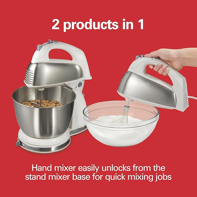 Hamilton Beach Classic Stand and Hand Mixer, 4 Quarts, 6 Speeds with QuickBurst, Bowl Rest, 290 Watts Peak Power, White (64655)
