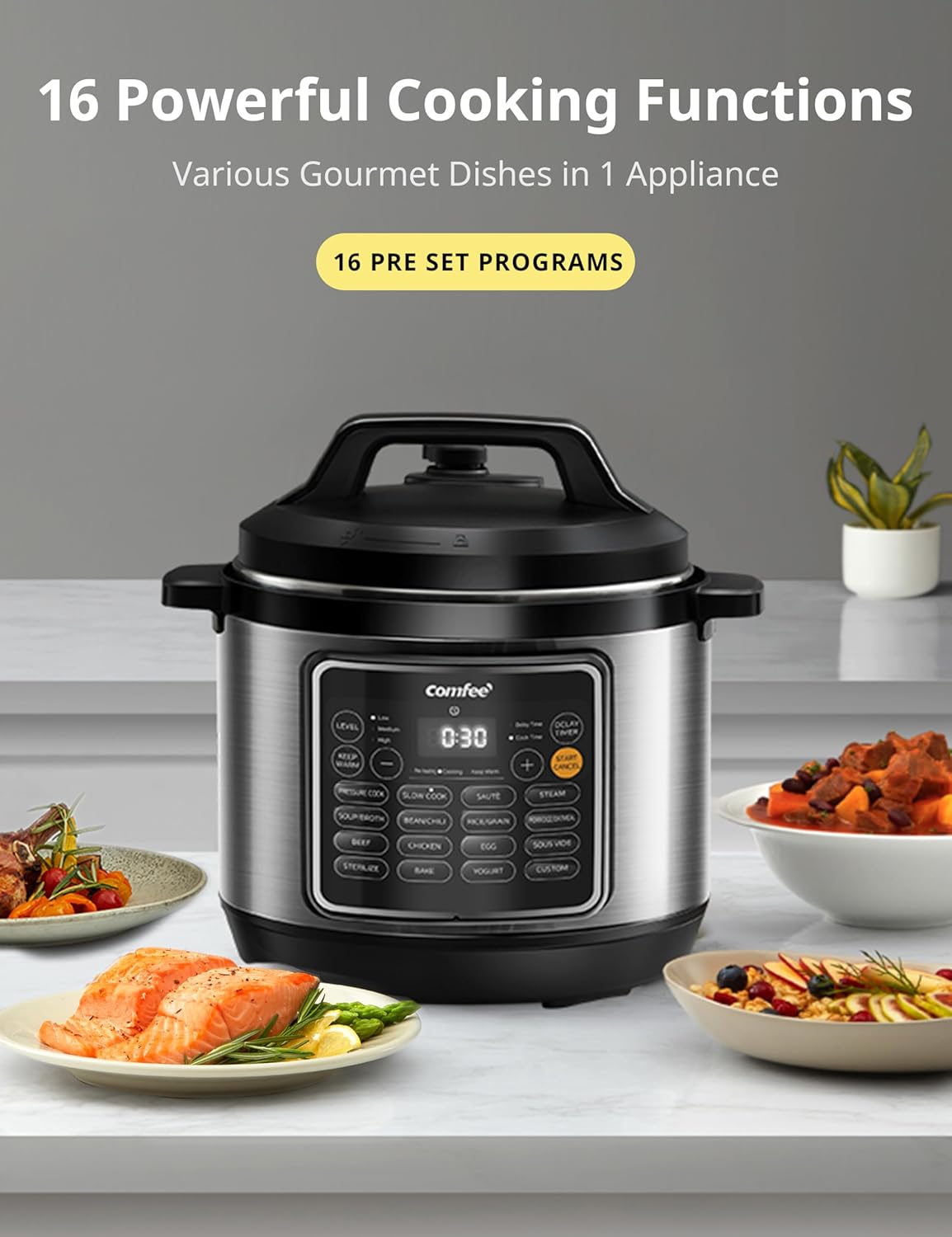 COMFEE’ Pressure Cooker 8 Quart with 16 Cooking Functions, Olla de Presion Non-Stick Pot Yogurt Maker Rice Cooker Slow Cooker Sauté Steamer, Healthy Ceramic Inner Pot