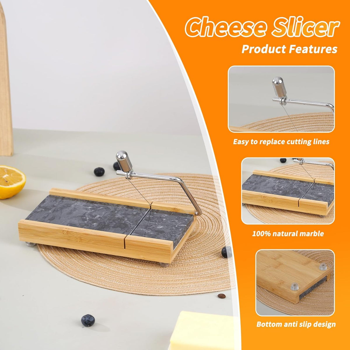 Tianman Cheese Slicer Cheese Cutter with 4 Replacement Cutting Wire,Heavy Duty 8.27"x 4.4",Marble Board Cheese Slicer for Block Cheeses, Butter,Cakes and More(Black Grey)