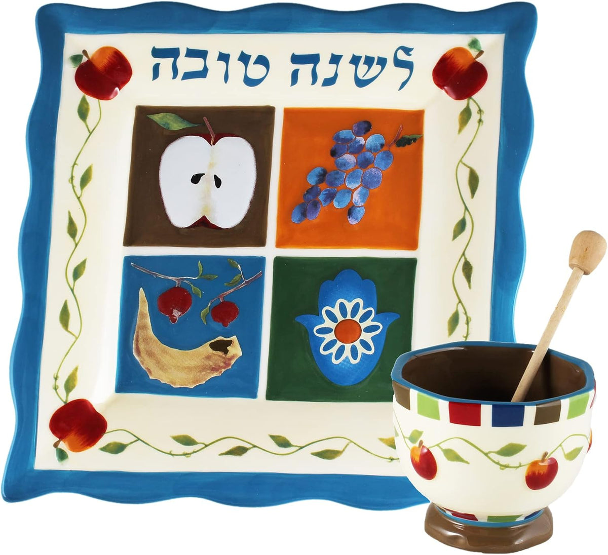 Rosh Hashanah Honey Dish Set Decorative Ceramic Plate Painted Judaic Theme Shana Tovah with Honey Bowl Jar, Wooden Dipper Rosh Hashunah Platter Jewish New Year Gift by Jessica Sporn