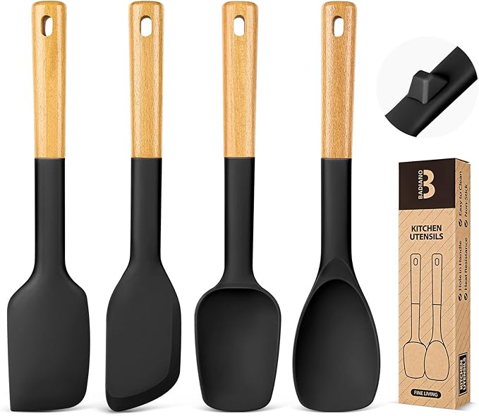 Silicone Spatula Spoon Set, Great for Mixing, Folding, Scraping, and Spreading, Sturdy BPA-Free Matte Silicone, Wooden Handle Rubber Spoonula for Nonstick Cookwares,4 Pack (BLACK)