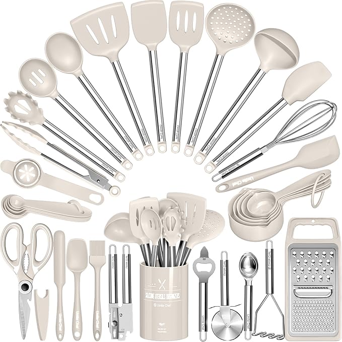Kitchen Utensils Set-Umite Chef 34 Pcs Silicone Cooking Utensils Set for Nonstick Cookware-Silicone Spatulas Set, Stainless Steel Handle-Khaki Kitchen Gadgets Tools, Pots and Pans Accessories