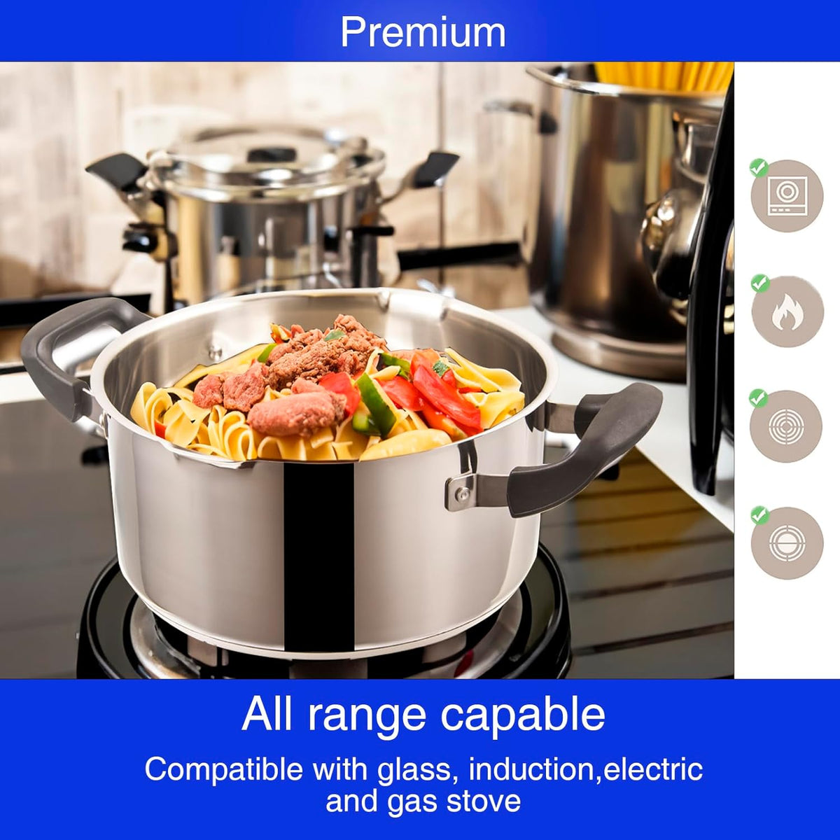 Stainless Steel Cookware Pasta Pot by Cyrder – 3 Quart, Strainer in Glass Lid, Two Side Spouts, Capsule Bottom Stock Pot, Durable & dishwasher safe