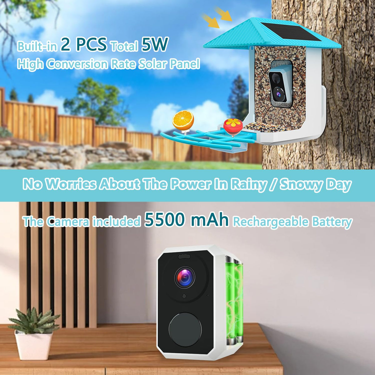 2.5K Smart Bird Feeder with Camera, 5GHz &2.4GHz Birds Watching Camera with AI Identify Bird Species, Outdoor Birds Feeder House with Solar Panel for BirdLovers (Blue)
