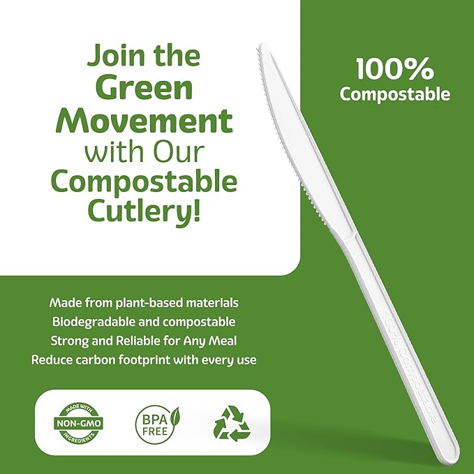 100% Compostable PLA Knives Bulk Pack 400 Pcs Biodegradable Disposable Plastic Cutlery Utensils