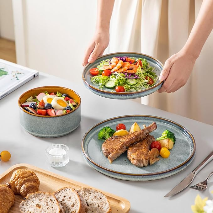 vancasso ONION Ceramic Plates and Bowls Sets, 12 Pieces Light Blue Dinnerware Sets for Kitchen, Reactive Glaze Dishes Set for 4, Dishwasher and Microwave Safe