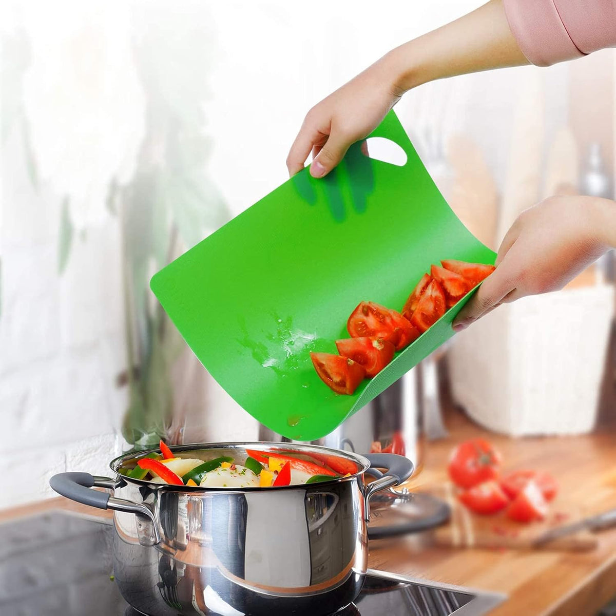 Cutting Board Mats Set, Extra Thick Flexible Plastic Kitchen Chopping Board, Colored Mats with Food Icons & Easy-Grip Handles, Dishwasher Safe, Set of 6