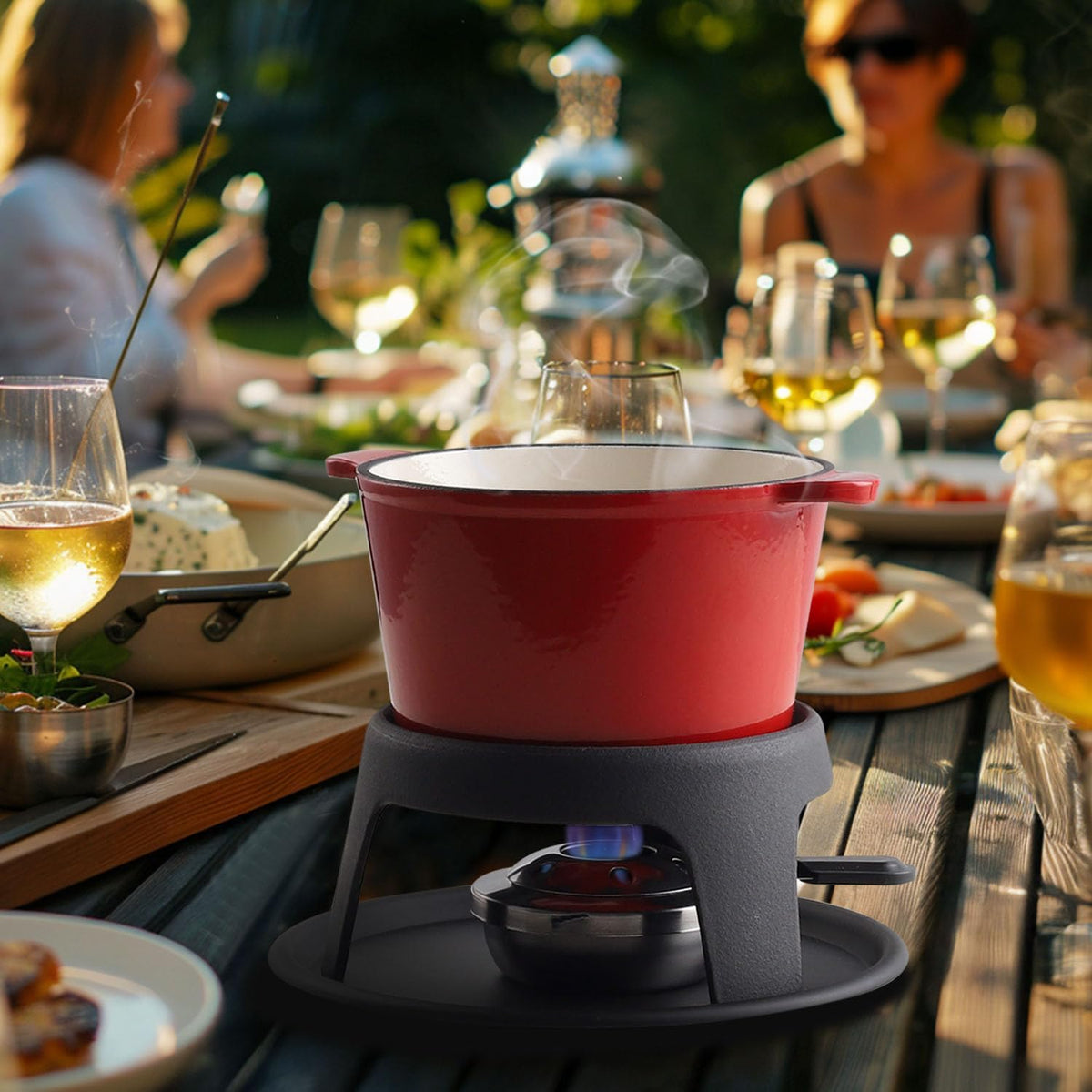 Artestia Cast Iron Cheese Fondue Pot for Chocolate Fondue Pot Swiss Fondue Set for Camping Outdoor with 6 Fondues Forks, 11-Piece Cheese Fondue Sets Serve 6 Persons (Red)