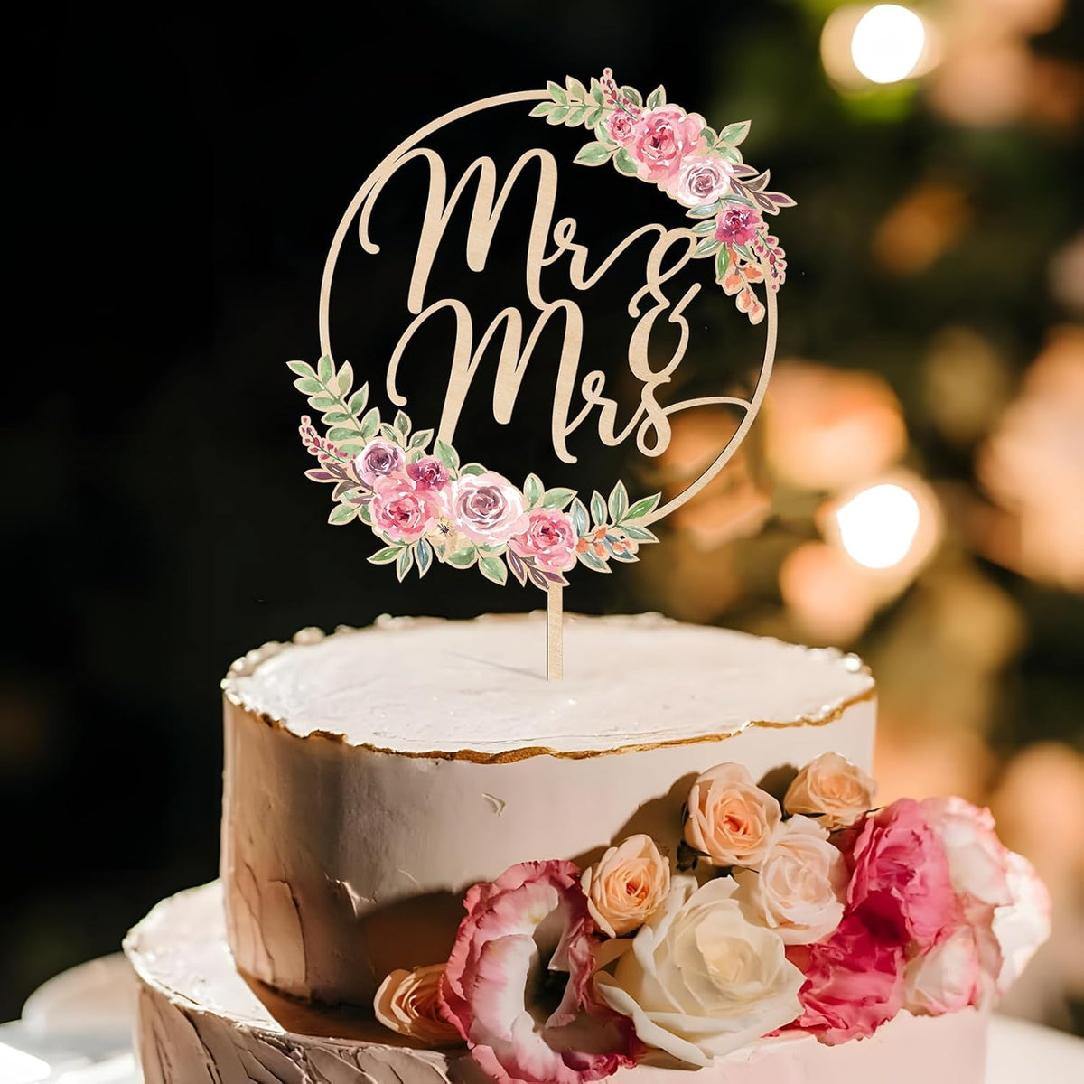 Mr & Mrs Cake Topper Floral Wedding Cake Topper in Wood (Design 01)
