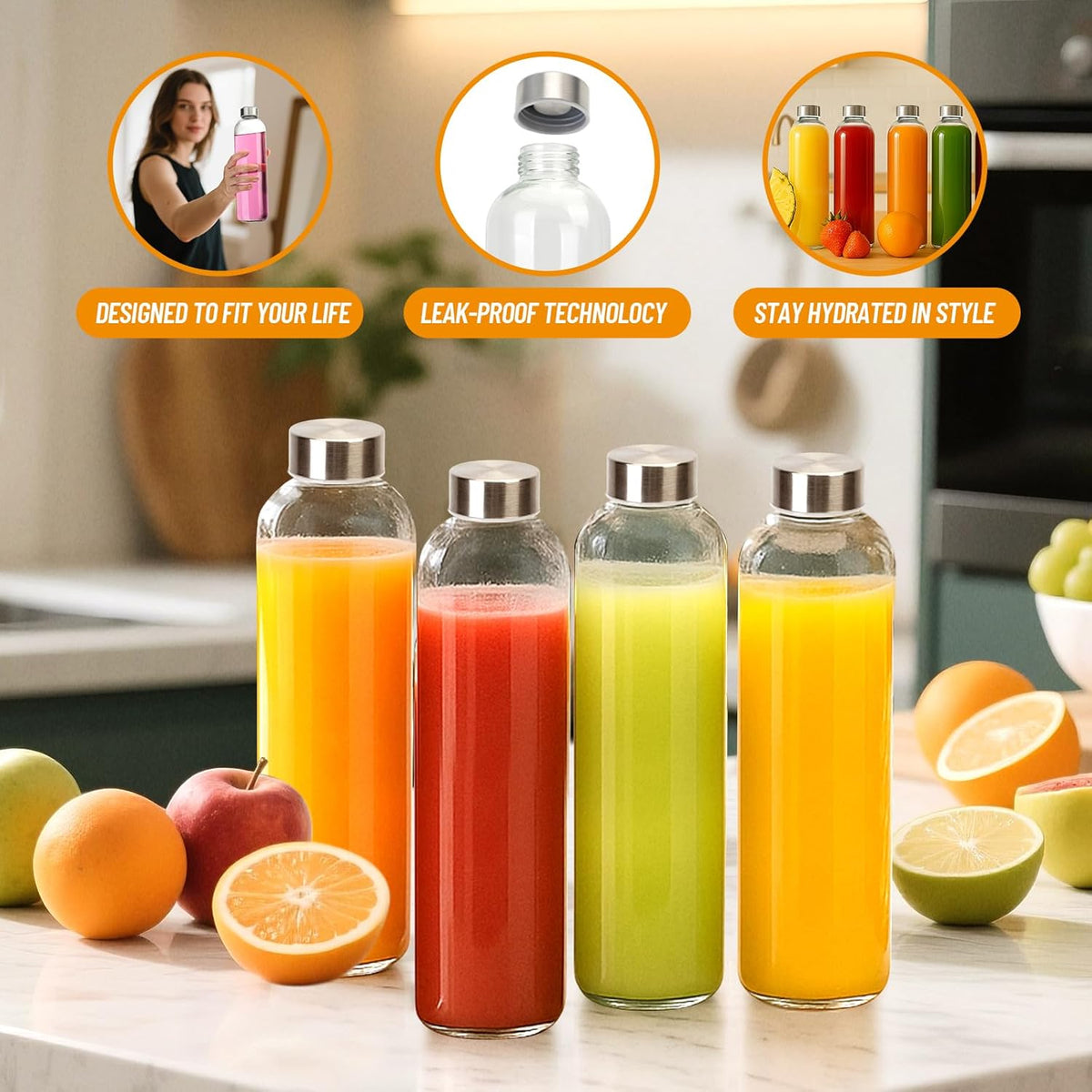 32 oz Clear Glass Water Bottles with Lids, Reusable Glass Juice Bottles with Stainless Steel Cap for Juicing, Refrigerator, 100% Leak Proof, BPA Free, Gift Set of 3