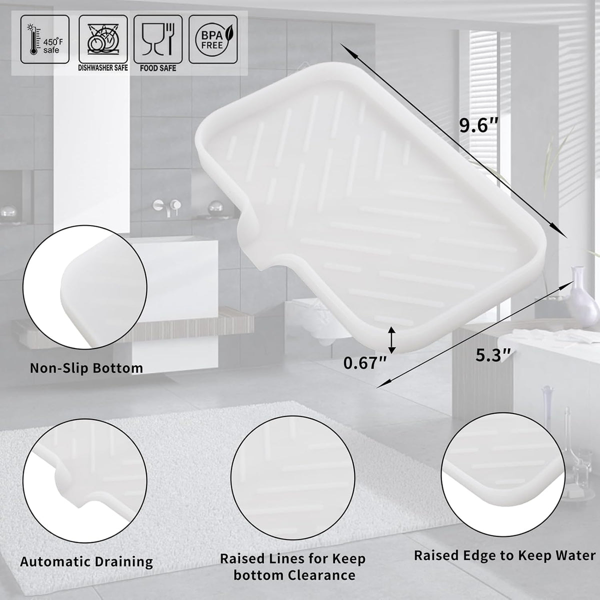 Silicone Bathroom Soap Dishes with Drain Spout-Bathroom and Kitchen Sink Organizer,Sponge Holder,Dish Soap Tray,Perfect for Dispenser,Scrubber,Bottle,Cup on Counter Translucent 9.6"×5.3"