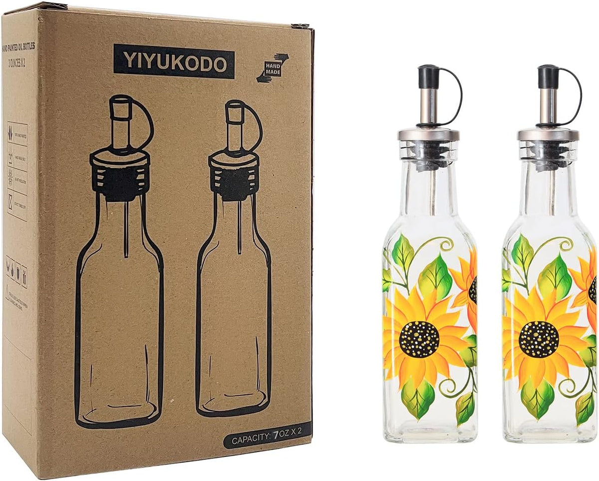 7oz Hand Painted Glass Olive Oil Bottle Dispenser - 200ml Green Oil & Vinegar Cruet with Pourers - Olive Oil Carafe Decanter for Kitchen (Sunflower)