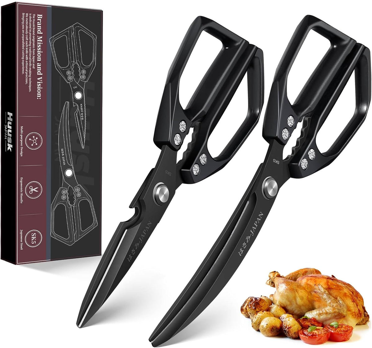 HUUSK Kitchen Scissors Set Black - Stainless Steel Kitchen Shears, Sharp Meat Scissors Dishwasher Safe, Heavy Duty Poultry Shears all Purpose, Japanese Cooking Scissor for Food, Chicken, and Turkey