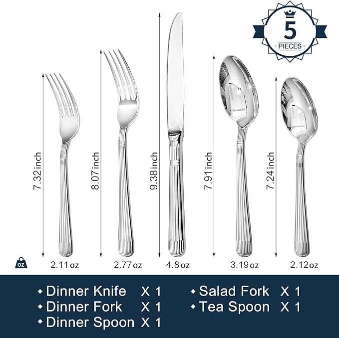 KINGSTONE 5-Piece Silverware Set, 18/10 Stainless Steel Flatware Set - Luxury Elegant Striped Cutlery with Dishwasher Safe, Durable for Family Dining, Catering, Weddings, Anniversaries Gift