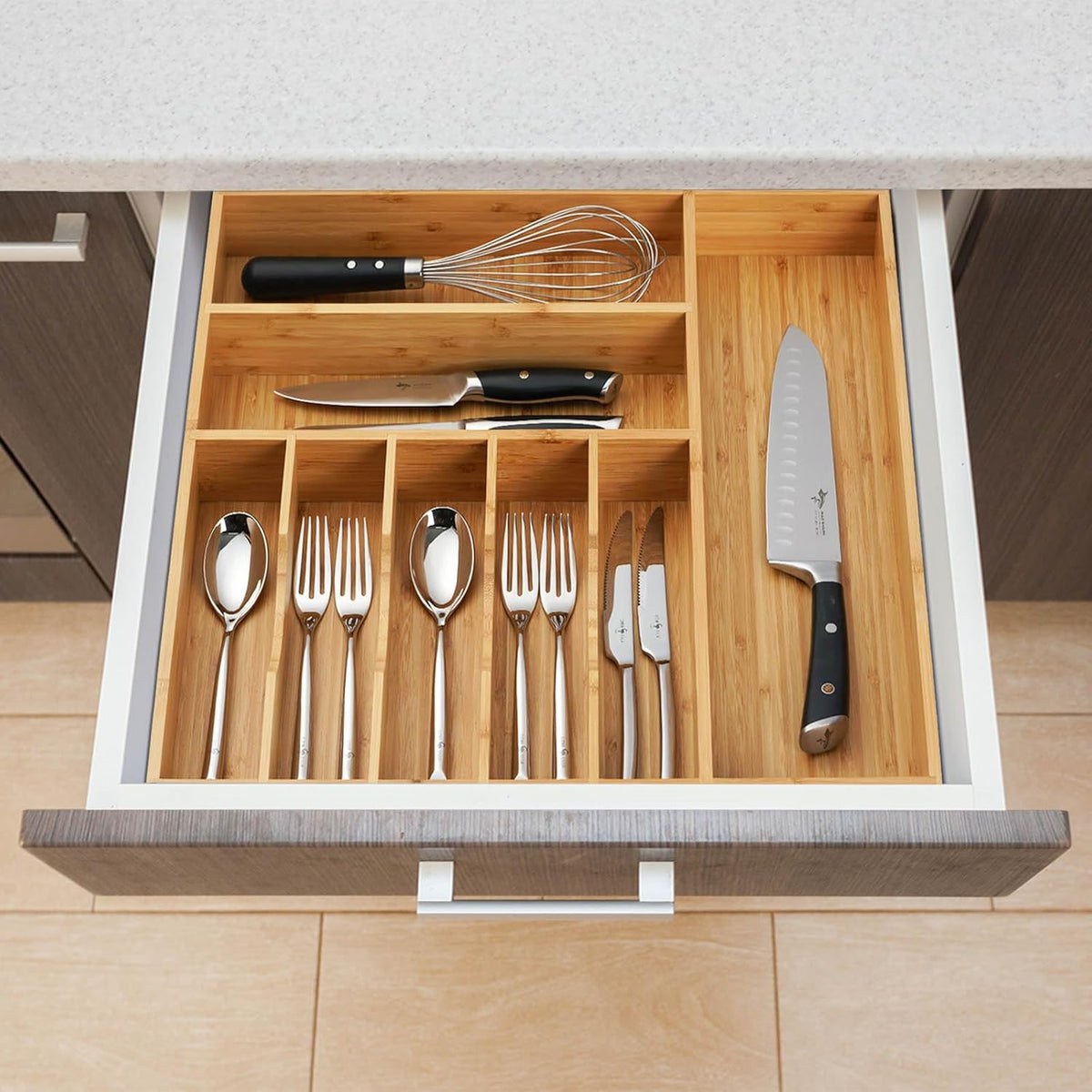 Umilife Large Kitchen Drawer Organizer, 19"x20" Silverware Utensils Organizer, 2.5" High for Large Deep Drawers, Bamboo Flatware Holder with Thick Frames, Sturdy Kitchen Organization Tray