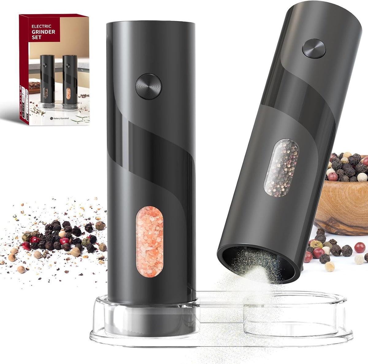 CIRCLE JOY Electric Salt and Pepper Grinder Set Top-Refill Automatic Salt and Pepper Mill Grinder, Battery Operated Adjustable Coarseness, Easy Filling Upgraded Larger Capacity with Led Light