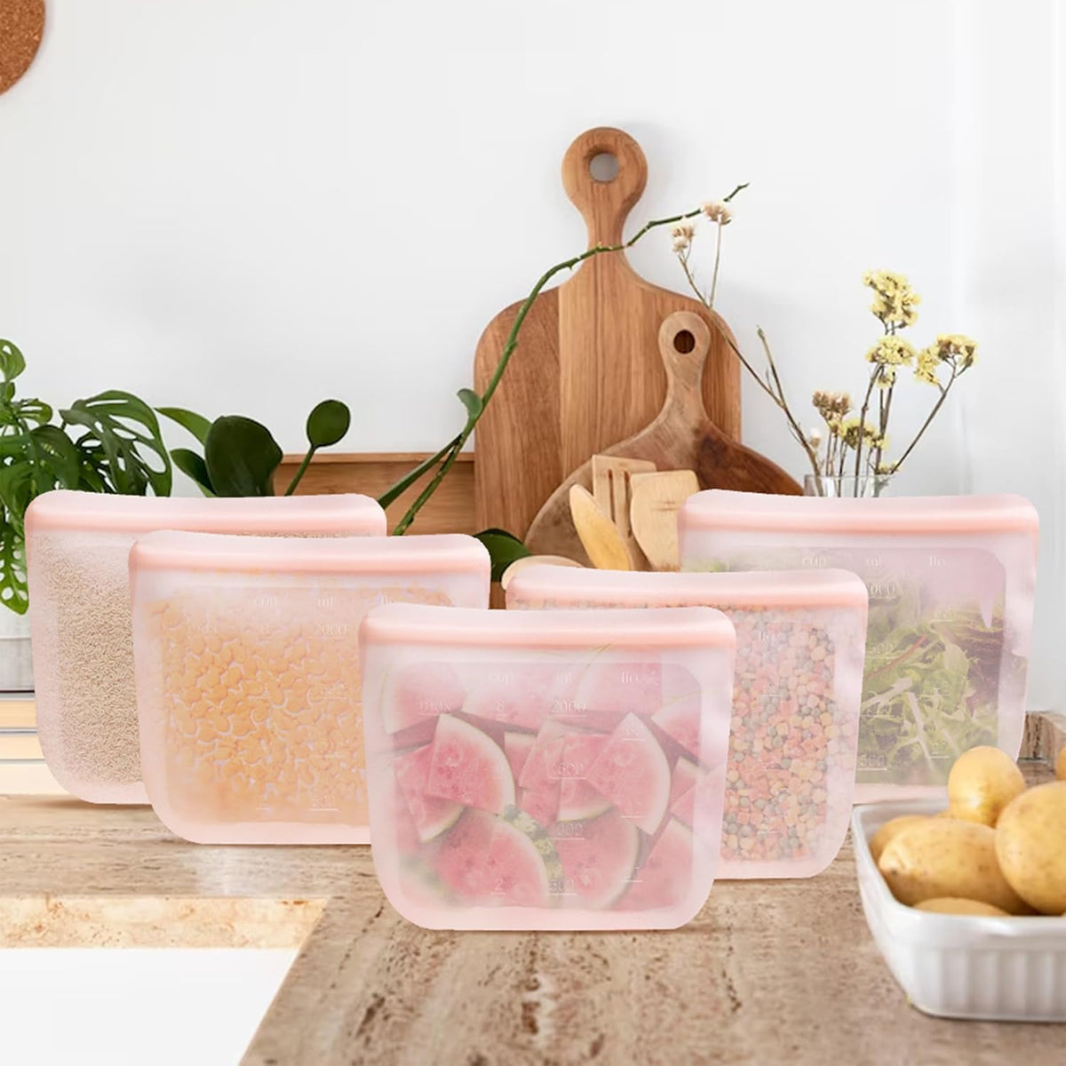 purifyou Set of 5 Reusable Silicone Storage Snack Bags 6oz / 16oz / 32oz / 64oz Self-Seal Food Storage Container for Fruits, Vegetables, Sandwiches, Dishwasher Safe & Leak-free (CloudPink, 64oz)