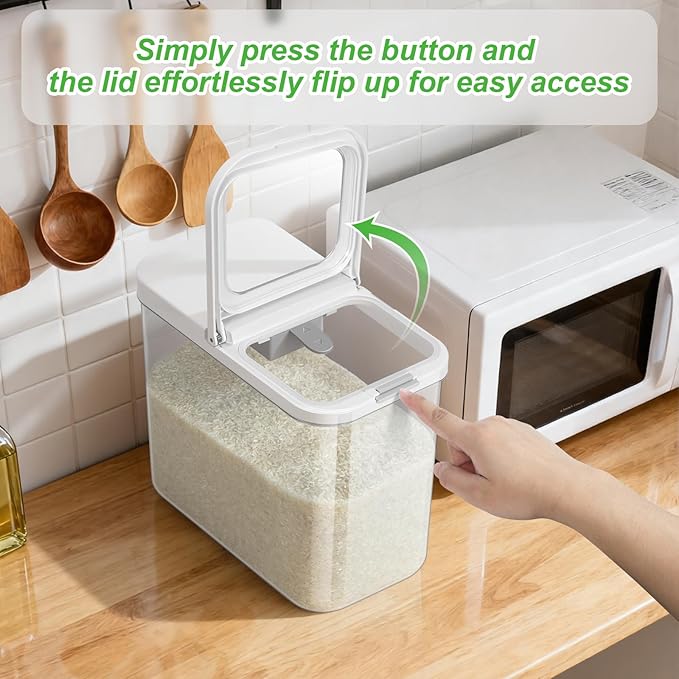 Rice Flour Storage Container - 12.7 Qt | 25 Lbs Crystal-Clear Plastic Food Storage Container Bin with Pop-up Lid for Grains Beans, Dry Food Holder for Kitchen Pantry Organization and Storage