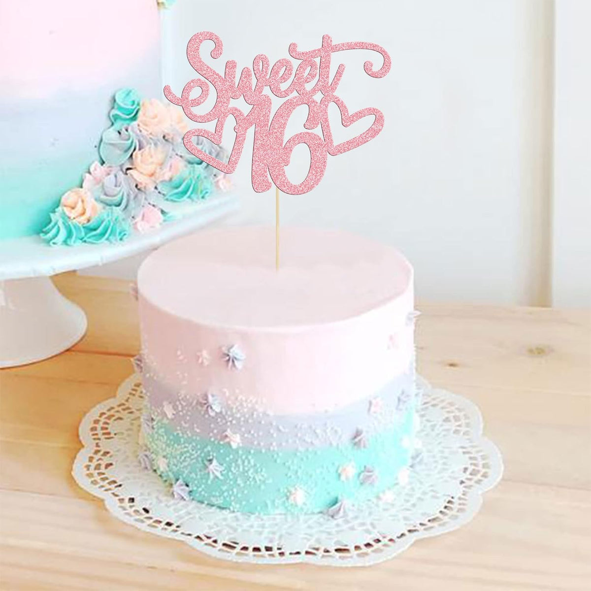 Gyufise 1Pc Sweet Teenager 16 Cake Topper Glitter 16th Birthday Cake Pick for Cheers to 16 Years Old 16th Birthday Party Cake Decorations Supplies Pink