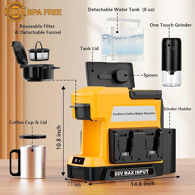 Cordless Coffee Maker for Dewalt 20V MAX Battery, 3 Brewing Options Drip Coffee Maker with Coffee Grinder, Portable Single Serve Coffee Makers for Camping, Travel, and Jobsite. (Tool Only)