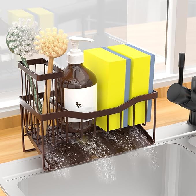 Maifan Sink Caddy Sponge Holder for Kitchen with Brush Holder and Stainless Steel Self Drain Tray, Rustproof Kitchen Sink Organizer for Sponge, Soap Dispenser Storage Accessories