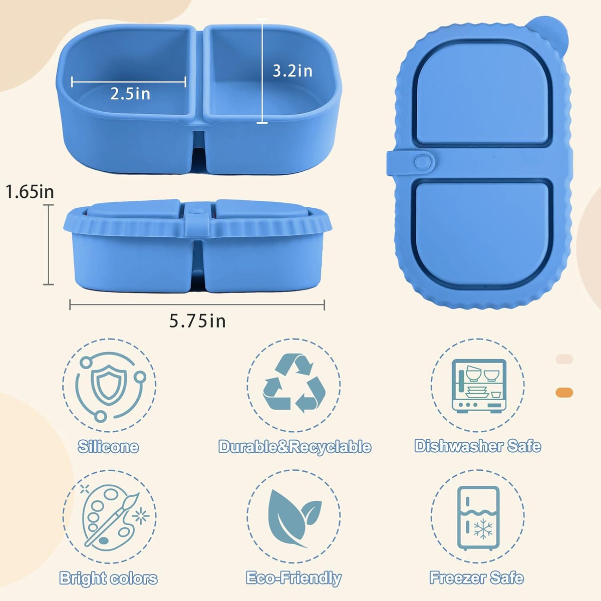2/3/4Pack 8 oz Reusable Silicone Snack Containers with Lids, Mini Containers 2 Compartments Snackle Box for Kids & Adults, Portable Silicone Food Storage Box for Picnic, School, Office (8oz-2C-2Pcs)