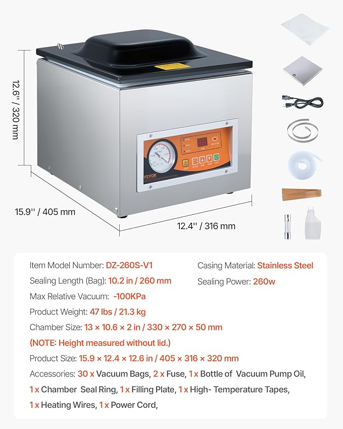 VEVOR Chamber Vacuum Sealer, 260W Sealing Power, Vacuum Packing Machine for Wet Foods, Meats, Marinades and More, Compact Size with 10.2 in Sealing Length, Applied in Home Kitchen