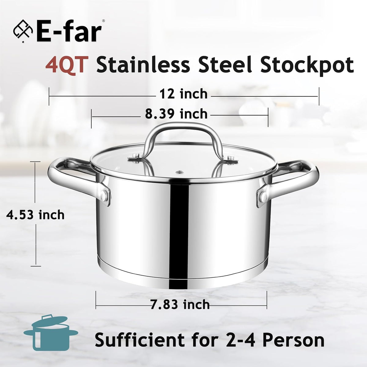 E-far 4 Quart Stock Pot with Lid, Stainless Steel Stockpot for Cooking Simmering Soup Pasta Sauce, with Tri-Ply Bottom & Visible Cover, Induction/Gas/Dishwasher Safe, Heavy Duty & Non Toxic