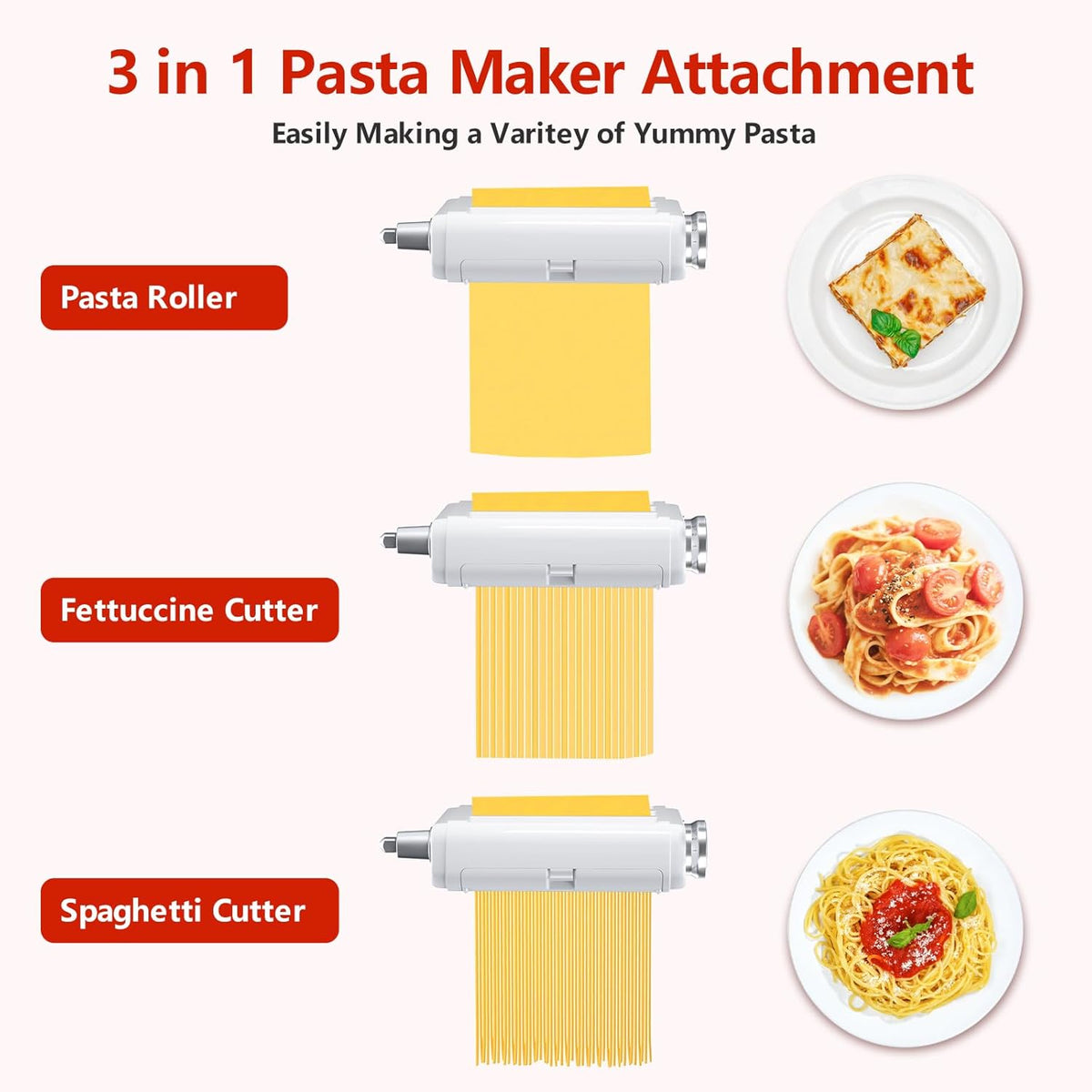 Pasta Maker Attachment for Kitchenaid/ Cuisinart Mixers, Noodle Maker 3 in 1 Set of Pasta Roller Fettuccine Cutter Spaghetti Cutter and Cleaning Brush, Electric Pasta Makers White