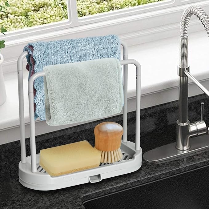 Kitchen Sponge Holder Dishcloth Hanger, Kitchen Sink Rack Tray Organizer Stand for Sponge, Dish Cloth, Rag, Brush, Scrubber Storage and Organization (Grey)