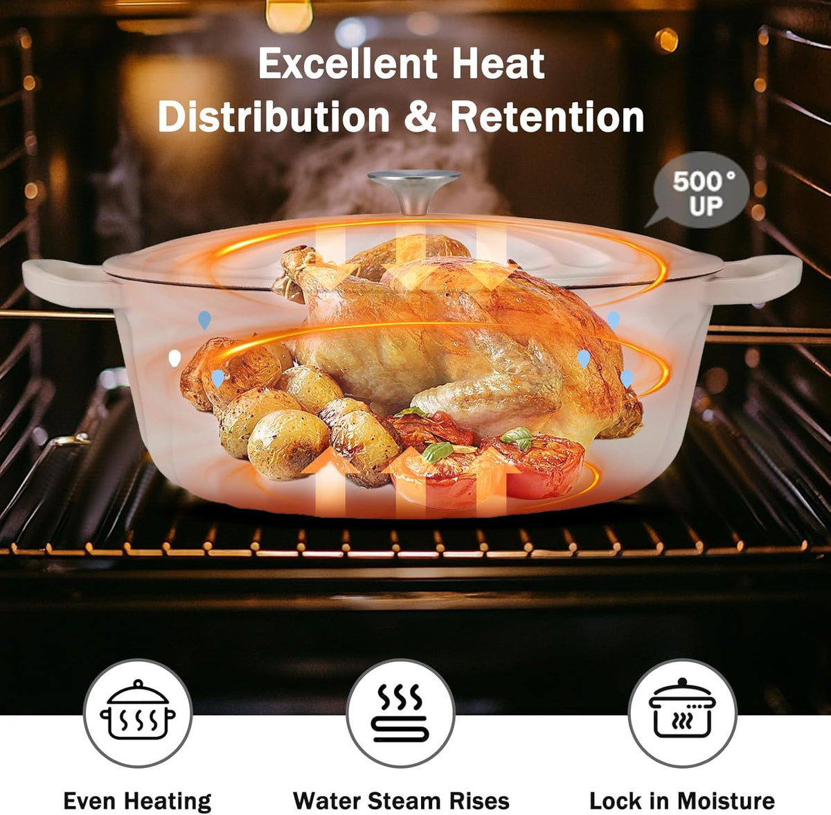 Enameled Oval Dutch Oven Pot with Lid, 7 QT Cast Iron Dutch Oven with Dual Handles for Cooking, Bread Baking, Frying, Non-stick Enamel Coated Oven (White)