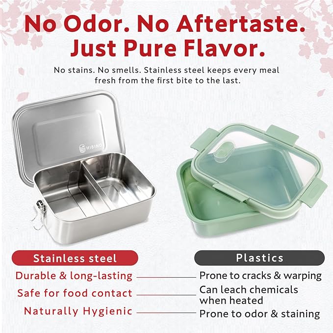 HIBINO Stainless Steel Bento Box 1200ml | Leakproof Bento Box for Adults | Removable Divider | Includes Sauce Container & Cotton Kinchaku Bag | BPA-Free | Designed in Japan