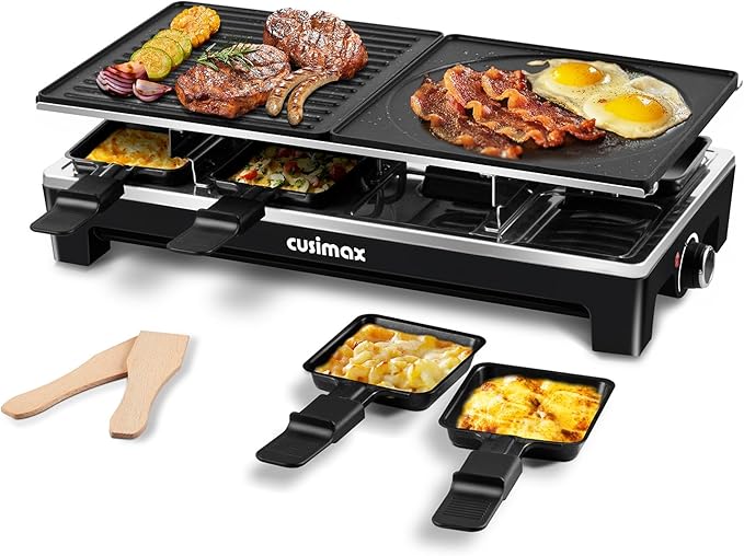 CUSIMAX Raclette Grill, Electric Grill, Reversible 2 in 1 Non-stick Grill & Griddle Plates, Portable Korean Grill with 8 Paddles & Shovels, Black New Model