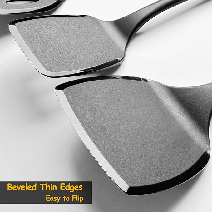 Large Size Silicone Spatula Set, 600°F Heat Resistant Silicone Spatula Turner Flipper for Cooking, Non Stick and Non Scratch Kitchen Utensils for Eggs & Pancakes, 2-Pack, Black