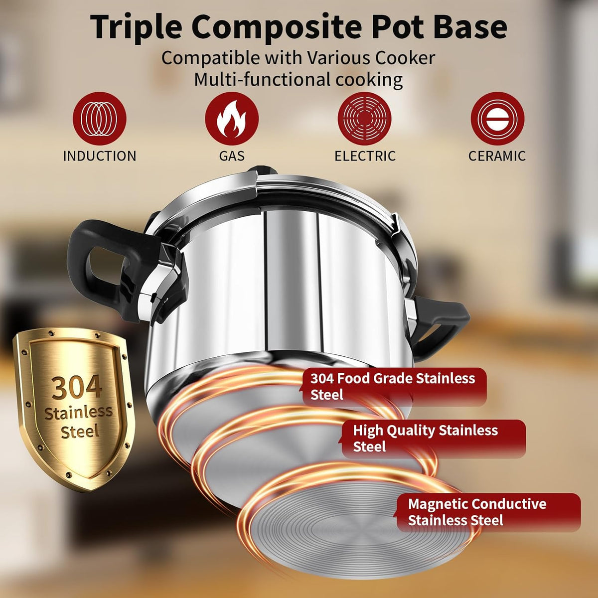 Pressure Cooker Stainless Steel 8 Qt, Commercial Stove Top Pressure Cooker Pot, One-Hand Locking, Compatible with Gas & Induction, Fast Cooking for Large Meals, Dishwasher Safe, Deeluban