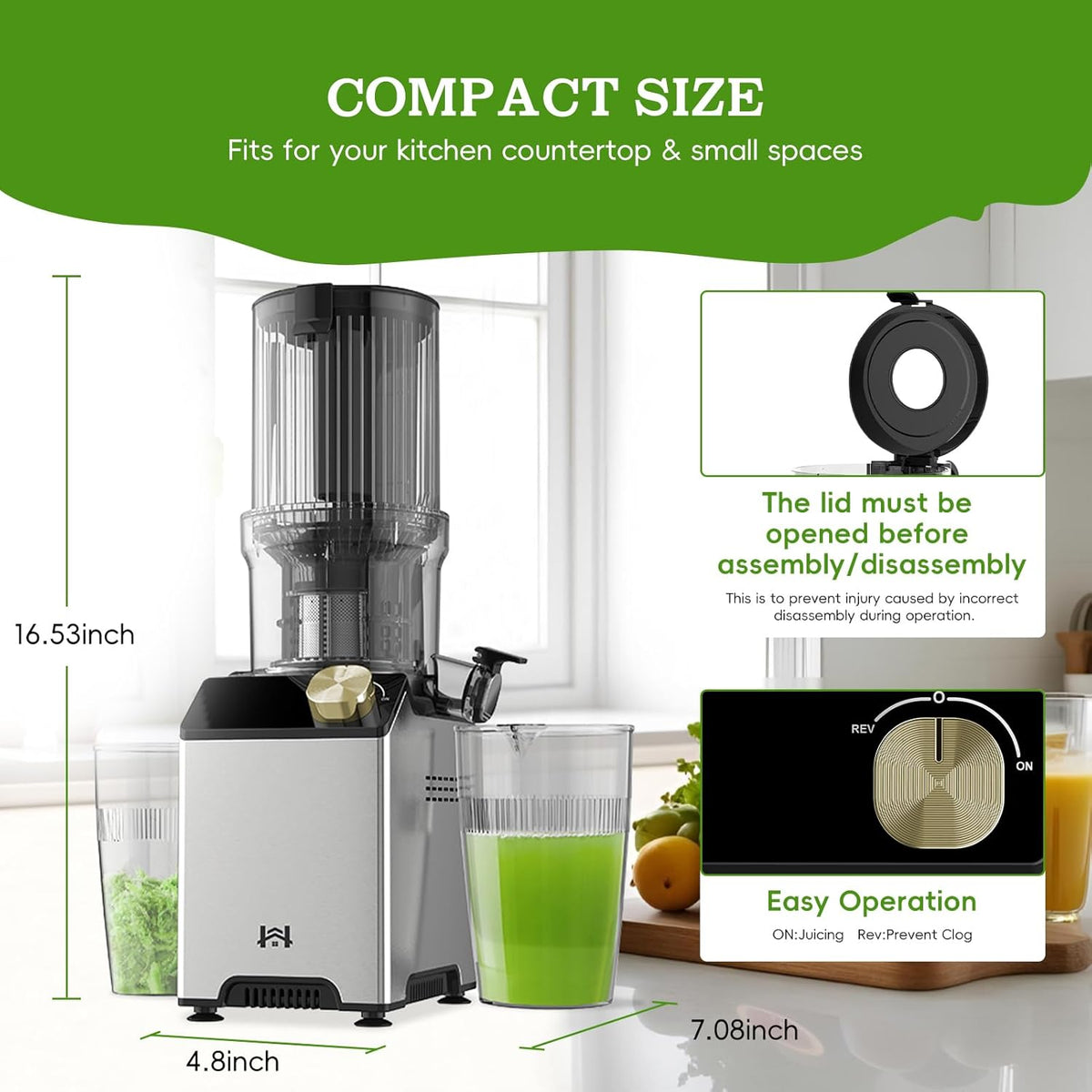 Cold Press Juicer, Juicer Machines with 4.35'' Wide Feed Chute, Stainless Steel Masticating Juicers Easy to Clean, Ergonomic Operational Panel Design, High Juice Yield, Golden Knob