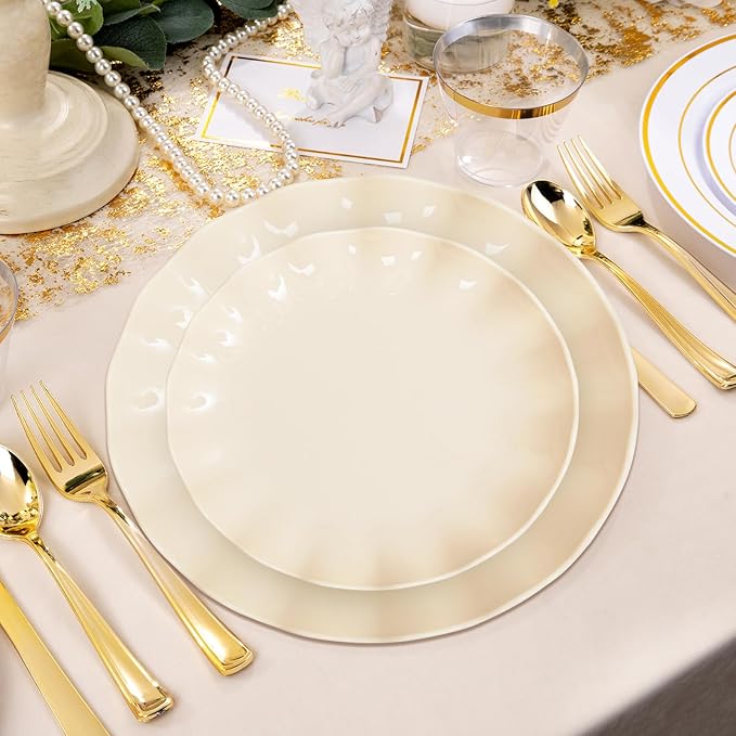 LIYH 50 Pcs Beige Plastic Plates Reusable Unbreakable Dinner Plates Scalloped Plastic Plates Dishwasher Safe Ivory Plate Sets Perfect for Parties Birthday Picnics BPA Free (25Guests)